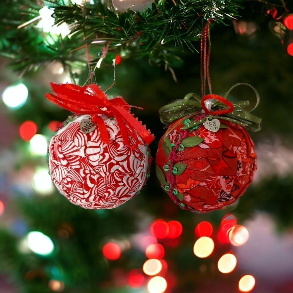 2 Folded Fabric Ornaments Balls Quilted Handmade Farmhouse Cottage Vintage 90s.‎